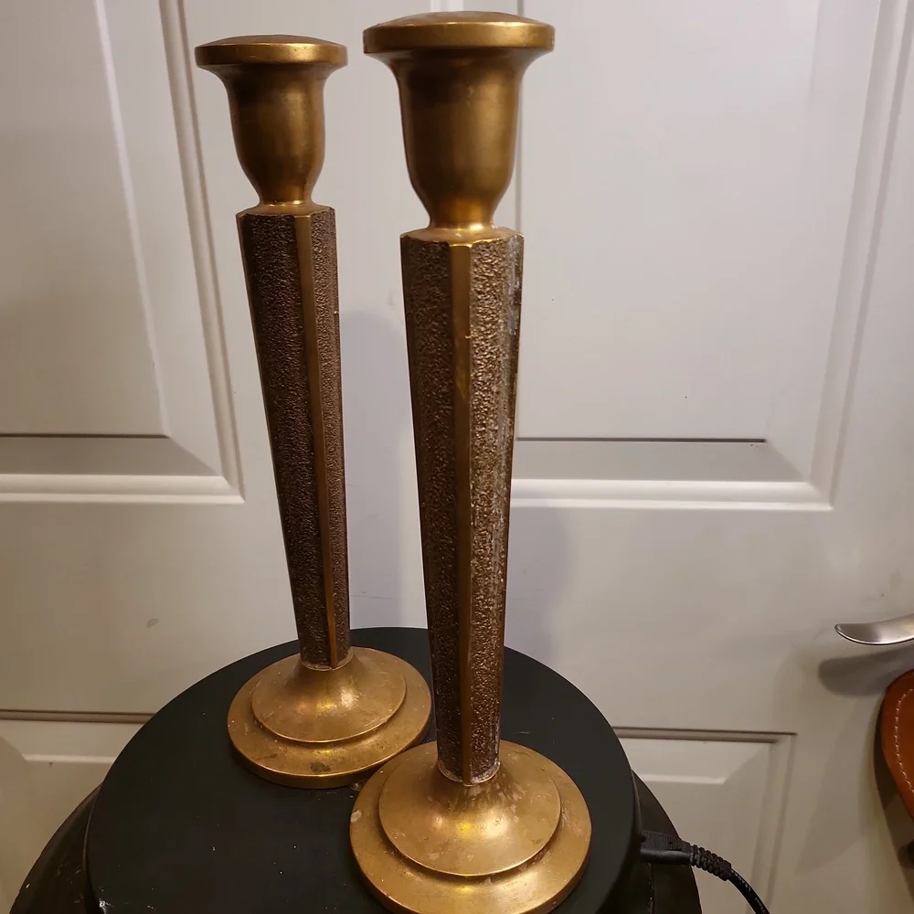 Antique Pair of Bronze Cast Embossed Candle Holder Candle Sticks 12" - Picture 3 of 11